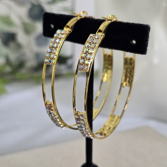 Large Gold Hoop Earrings with AB Rhinestones - Picture 8 of 10